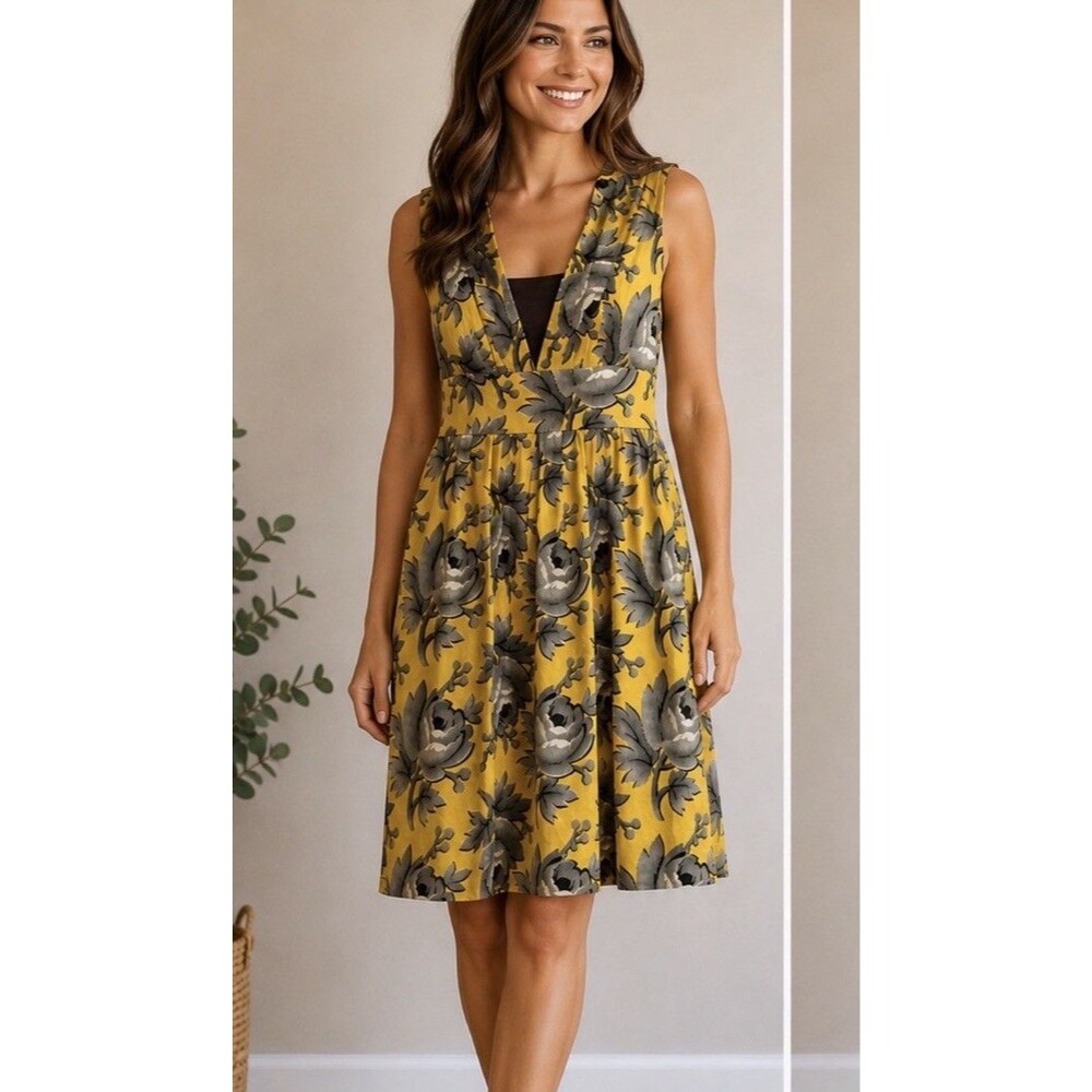 LEIFSDOTTIR Anthropologie Women Yellow Sleeveless Dress 12 Sundress Floral Boho